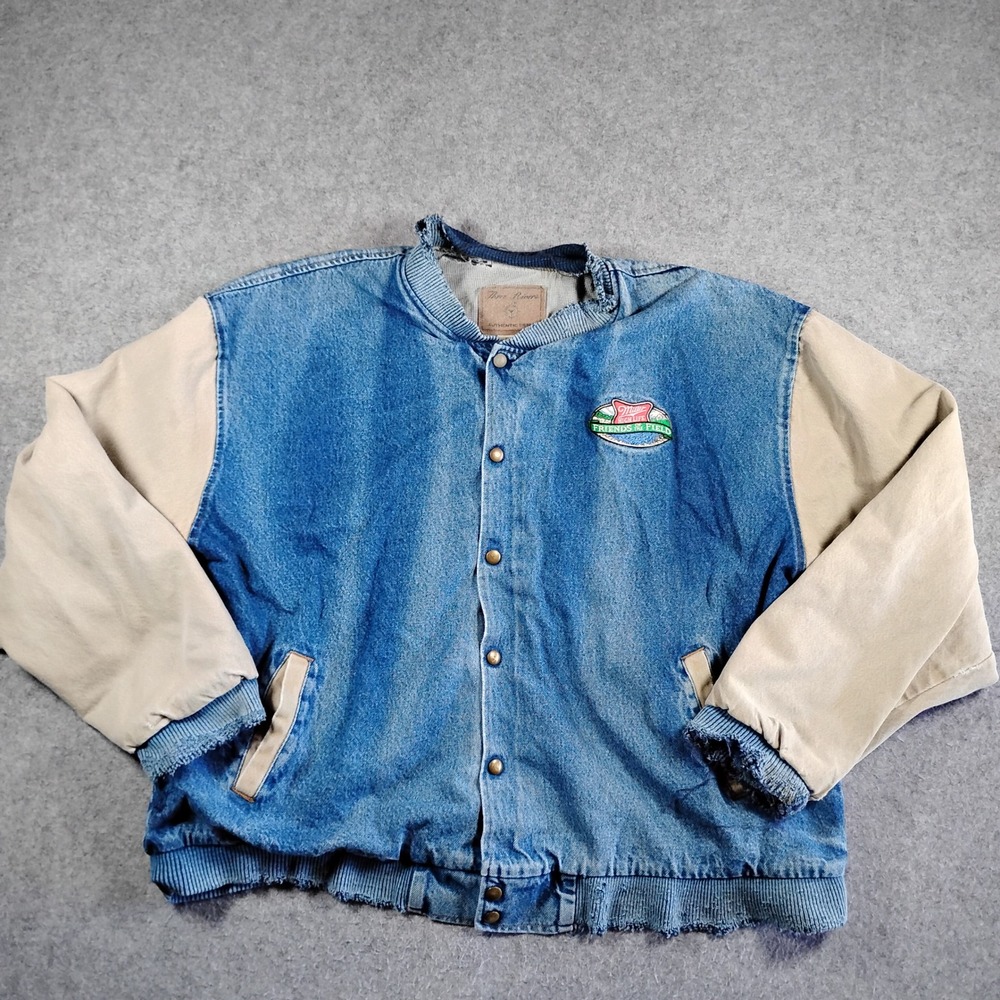 Vintage Three Rivers Miller High Life Denim Varsity Jacket Men 2XL Blue Thrashed